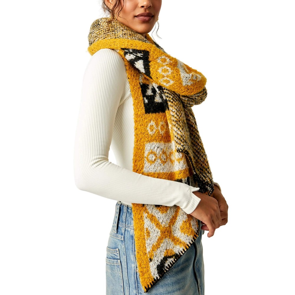 Free People Cottage Fair Isle Bouclé Blanket Scarf Mustard Yellow Western Chunky